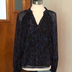 'Koko + Mason' Blue/Black V-Neck Blouse with See Through Layer - Size Medium